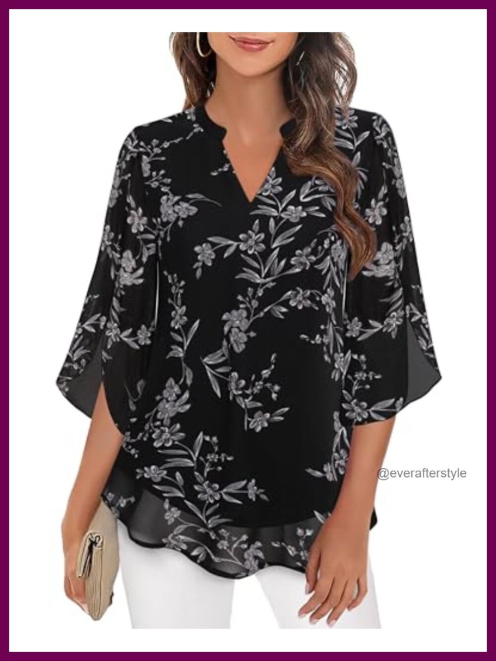 Womens Chiffon Ruffle 3/4 Bell Sleeve V Neck Blouse Dressy Casual Work Top